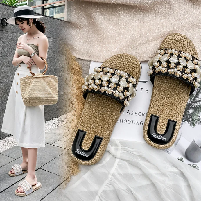Newest China supplier fashion summer wholesale casual fancy pearl design women sandals ladies slippers