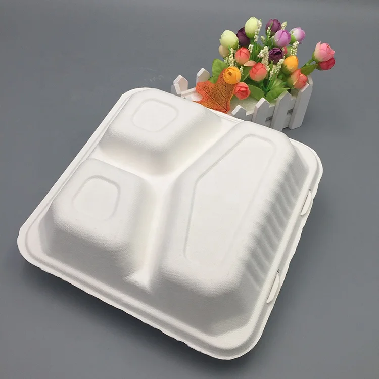 Biodegradable meat food packaging clamshell sugarcane pulp bagasse 3 compartment tray for food