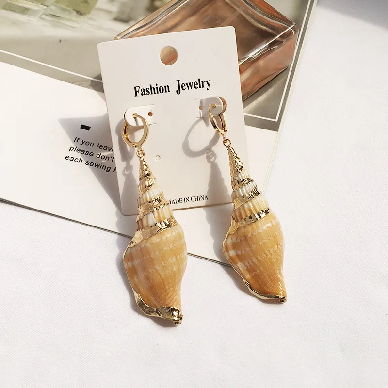 gold plated natural cowrie sea shell huggie hoop earrings beach boho women earrings conch shell earrings
