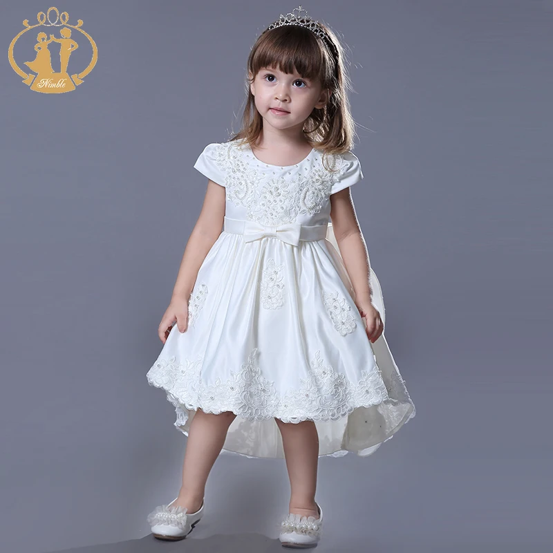 Nimble Beading Embroidered Baby Dresses Satin Long Tail Child Baby Dress Model For Party 1-4years Children Clothes Girls Dresses