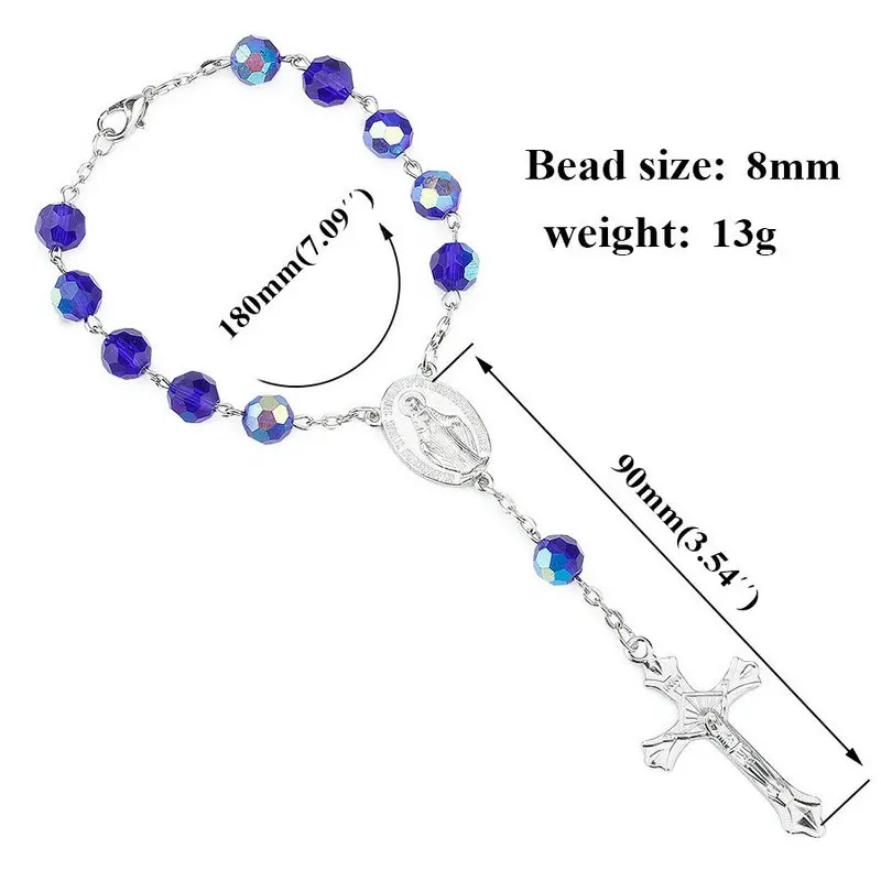 Wholesale Blue glass beads Catholic Rosary bracelets mini Jesus Crucifix Cross Rosary prayer bracelets jewelry