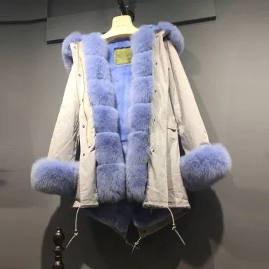
Fox Fur Collar Hood Trim with Real Rex Rabbit Fur Lining Winter Fur Coat for Women 