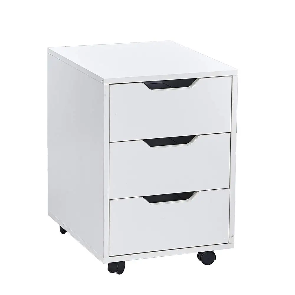 White Wood Mobile File Cabinet with 3 Storage Drawers Under Desk