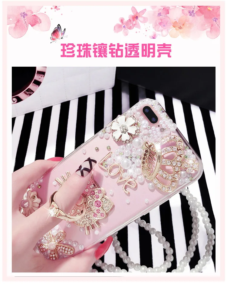 
Pearl encrusted phone cases luxurious with diamond mobile phone bags & case with strap for women for iPhone 