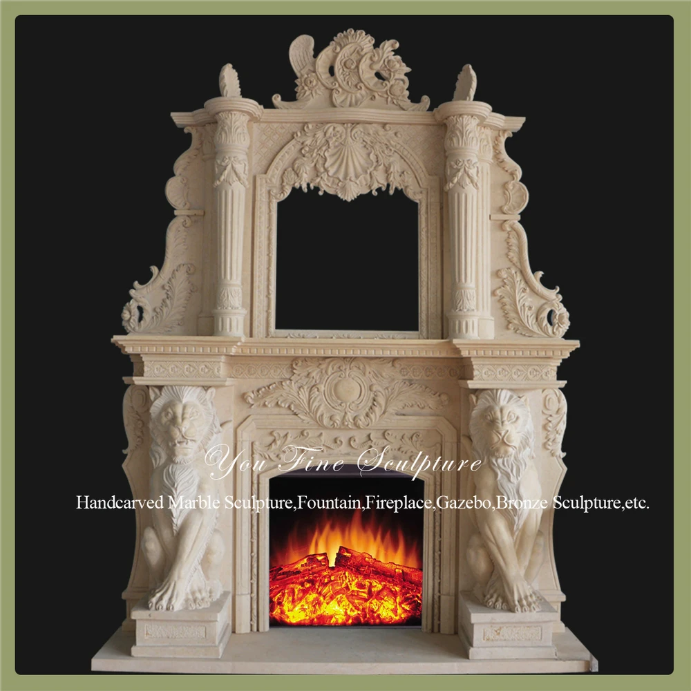 100% Hand Carved 2 Layers Marble Antique Lion Fireplace Mantel