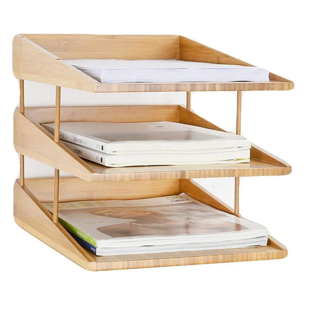 Desk Organizer Multifunction Bamboo Wood with 3 Trays for Book and File