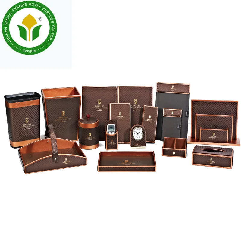 Hot sale hotel dark brown leather amenity set hotel accessories