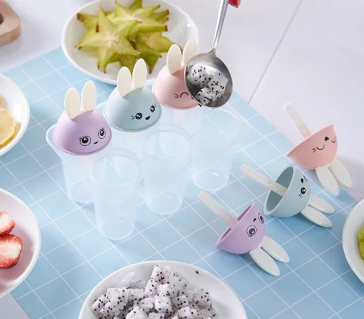 
Custom Shape summer hot sale 6 sets cute animal rabbit pp plastic Popsicle ice cream mold 