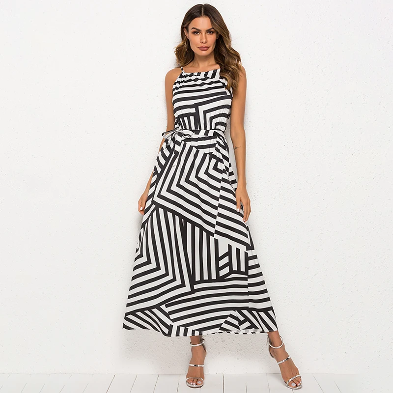 
Women Sexy Summer Dress Plus Size Dress Boho Striped Sleeveless ladies clothes Maxi Long Beach Style Strap white dress 