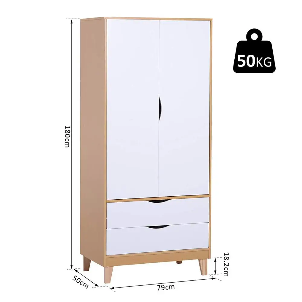 Wooden Wardrobe Clothes Storage Bedroom Organisationr Double Door with 2 Drawers