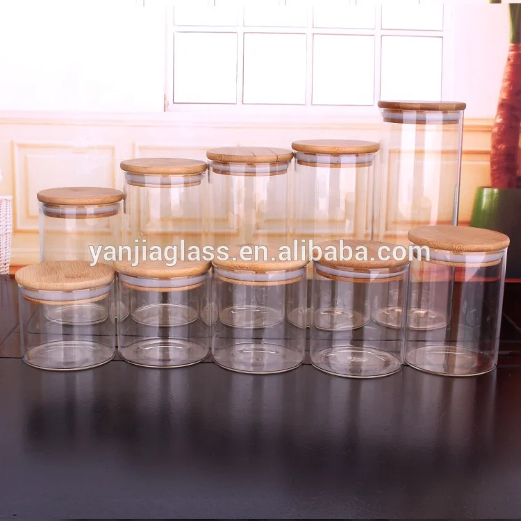 borosilicate jars bamboo lids stocked 450ml cylinder glass jar food grade