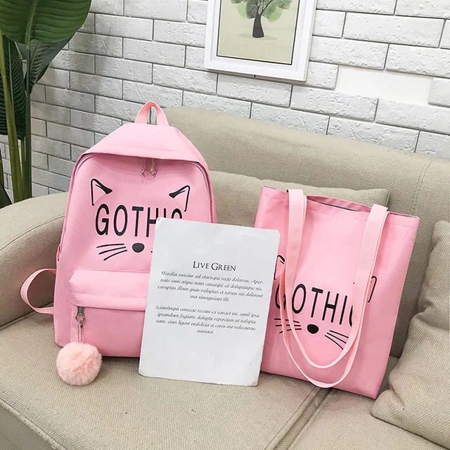 trending 2019 oem Factory wholesale women canvas backpack cute cat fashion leisure college wind girl bag set package School bag