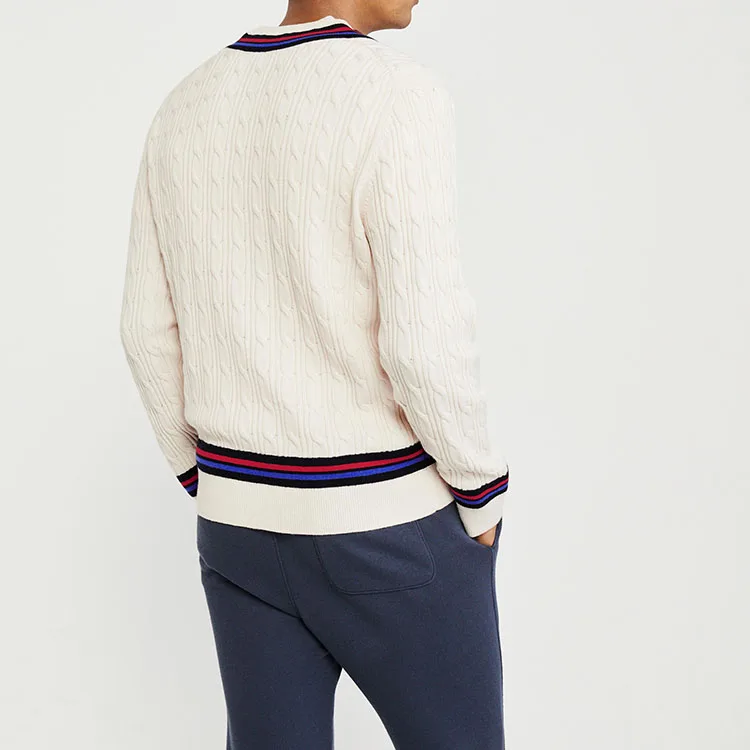 
Popular Custom Wool Knit Mens V Neck Cable Knit Cricket Sweater 