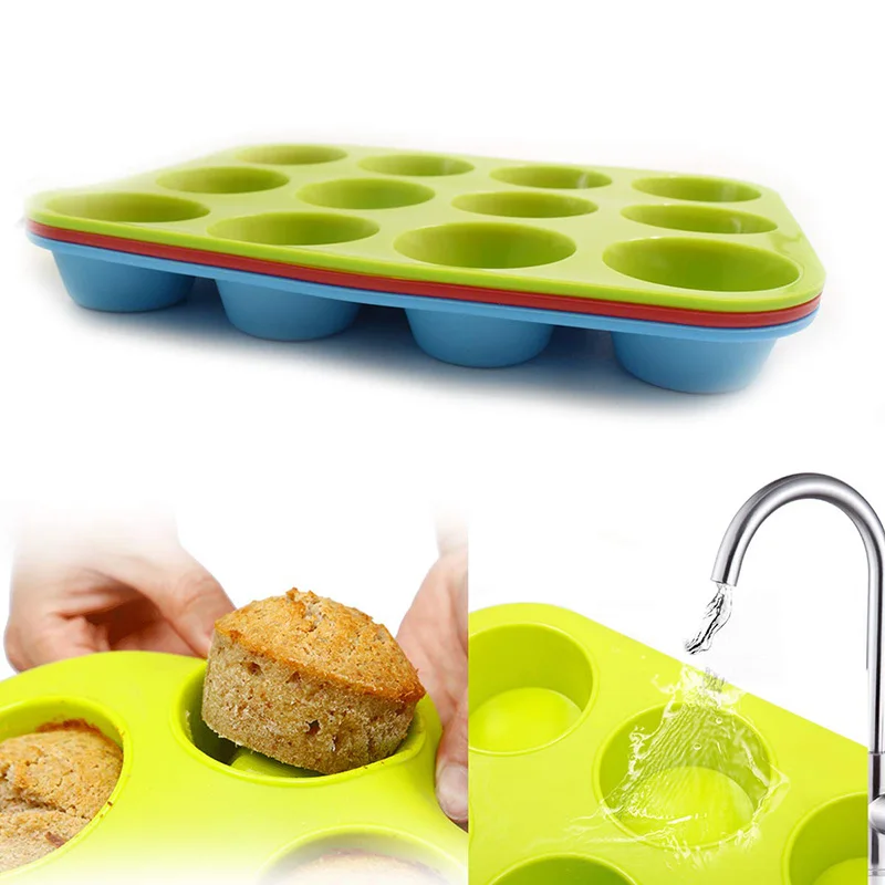 12-Cup Silicone Muffin Cupcake Baking Pan, Cake Baking Cups Mold