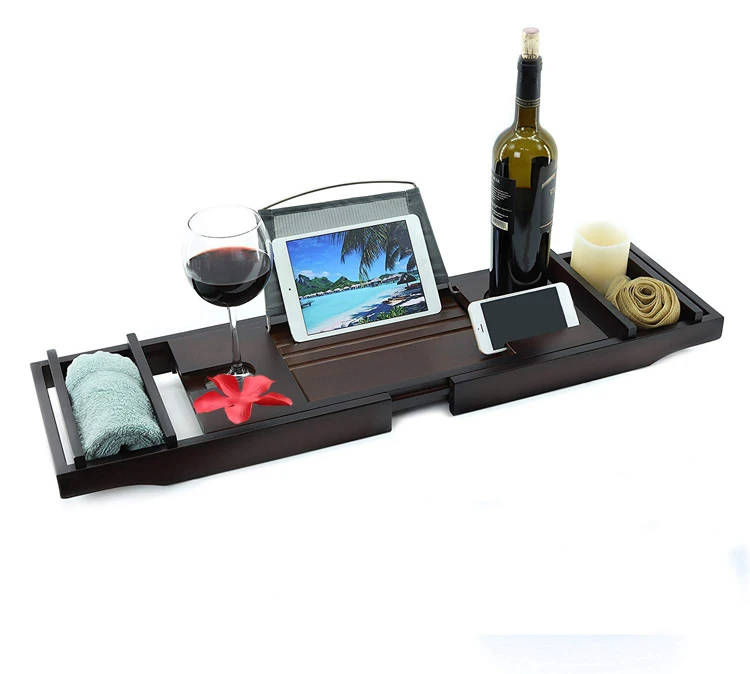 Luxury Black color Bath Bamboo Wooden Bathtub Caddy Tray
