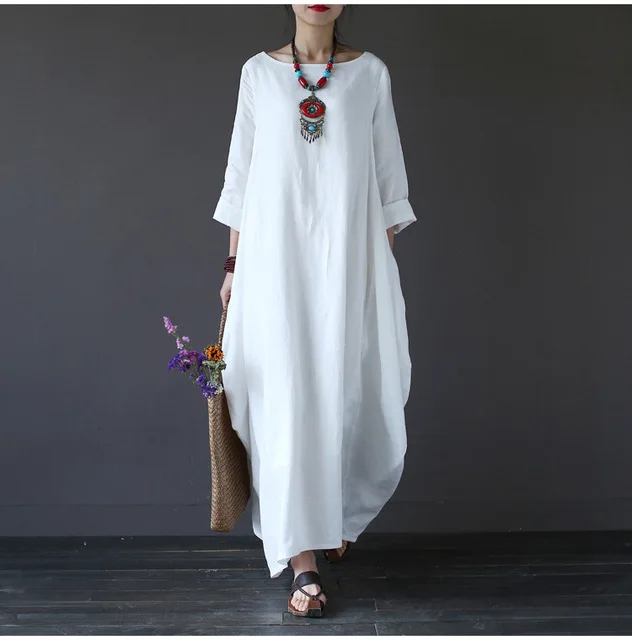 Wholesale Fashionable Personalized Soild Color Plus Size Long Sleeve Boho Dress Cotton Casual Loose Maxi Dresses