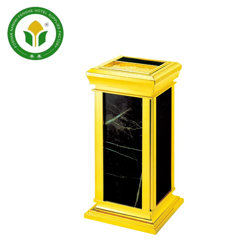 Hotel golden metal base marble waste bin trash can bin