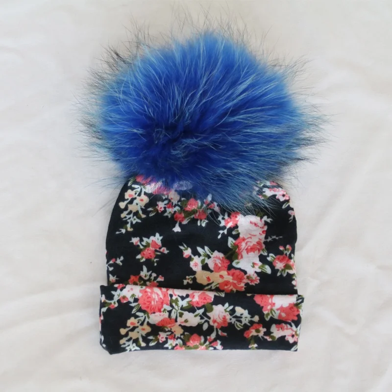 Flower style baby fur pompom hats newborn fur ball hats cotton beanies for infant