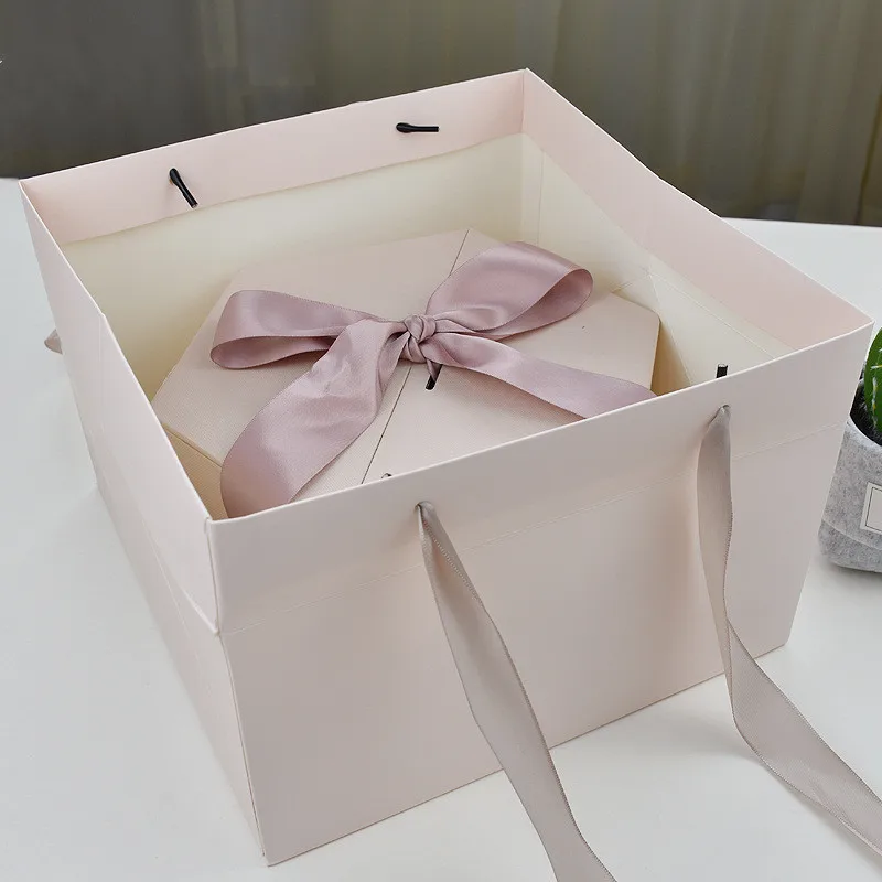 Custom Large Square Flower Cake Paper Carry Bag With Ribbon