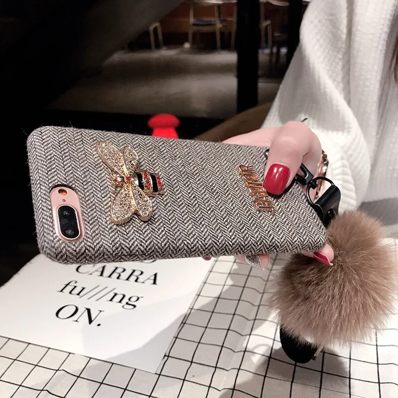 
Luxury rhinestone phone case fabric hair ball phone case with purse hanging rope for phone 