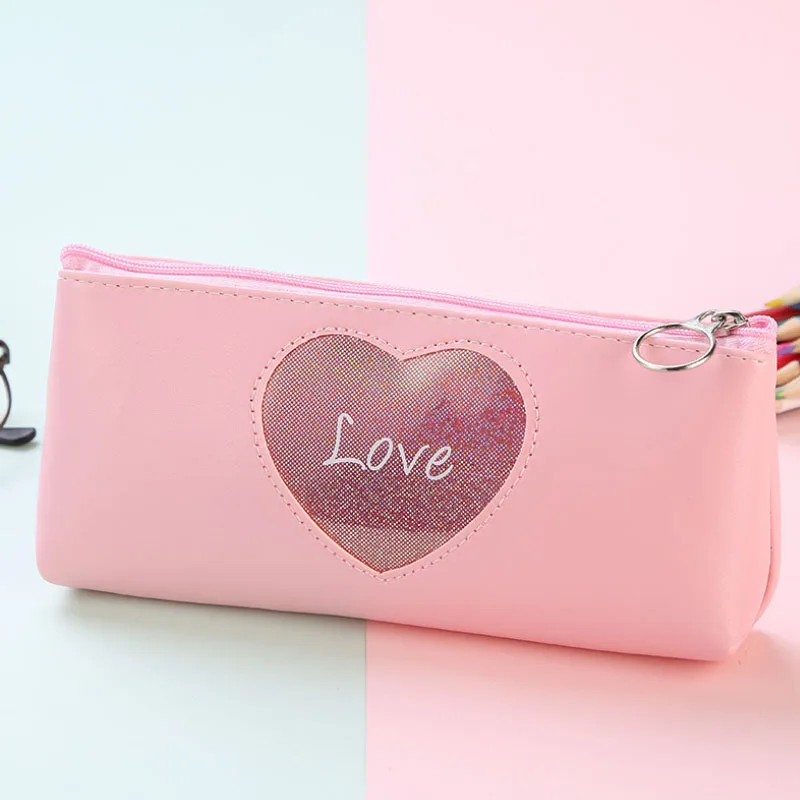Рекламная Подарочная сумка из искусственной кожи с сердцем для девушек, вместительная косметичка, креативные школьные канцелярские принадлежности, пенал, лазерная ручка, сумка