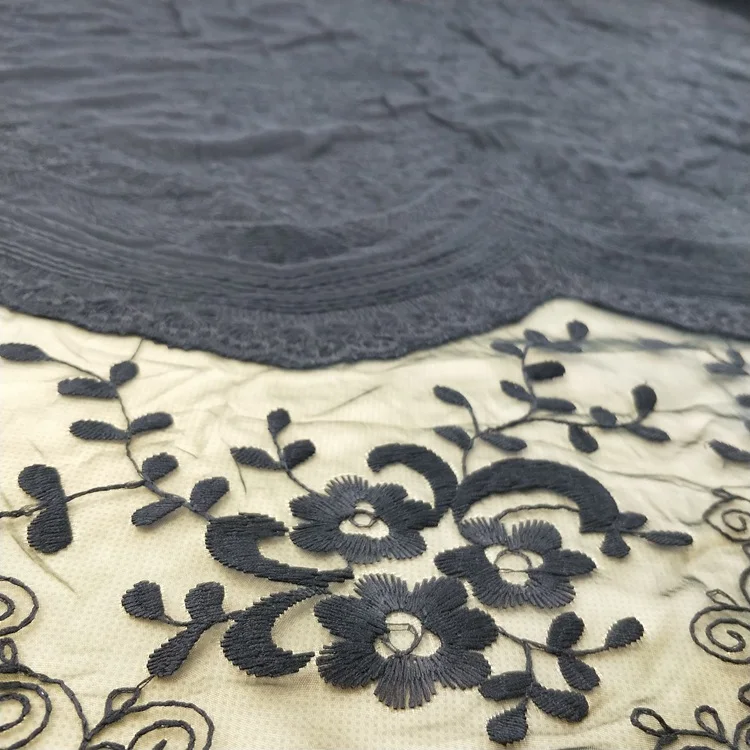 Elegant pakistani fabrics black tulle lace fabric for robe embroidery