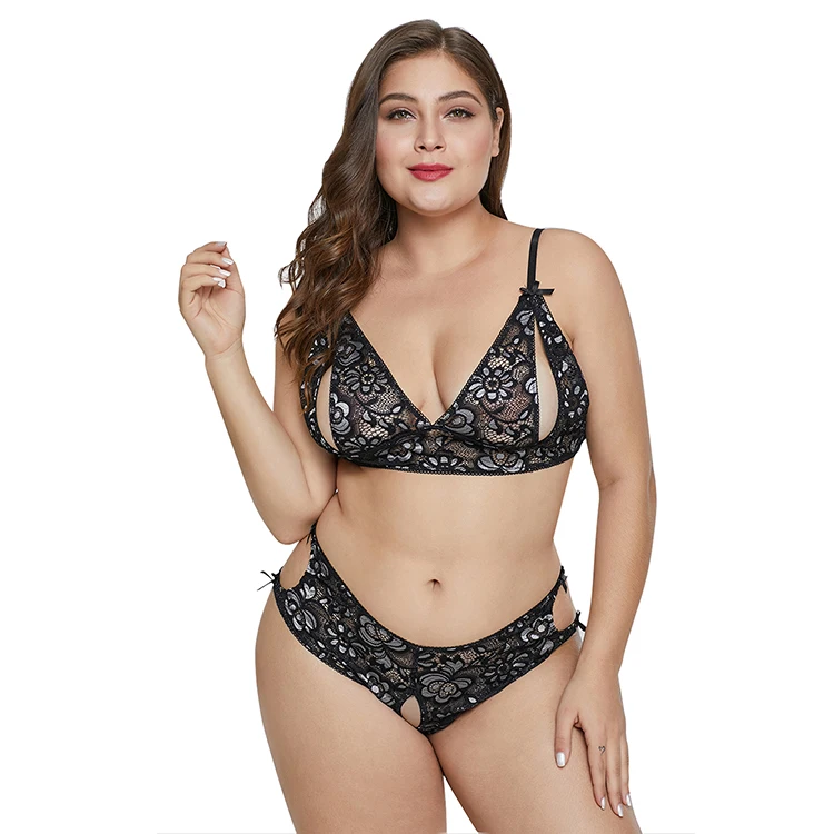Plus Size Underwear Peek-a-boo Floral Lace Bralettes and Panty Set Sexy Lingerie Set for Fat Women