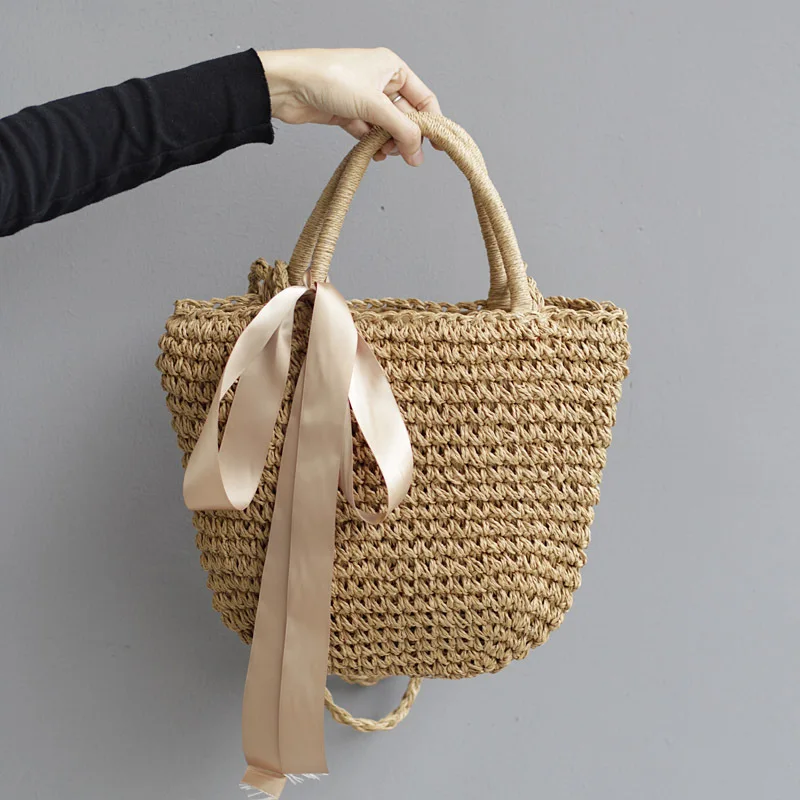Summer Beach Straw Bag Handmade Hollow Out Women Drawstring Handbag Hand Bag Wholesale