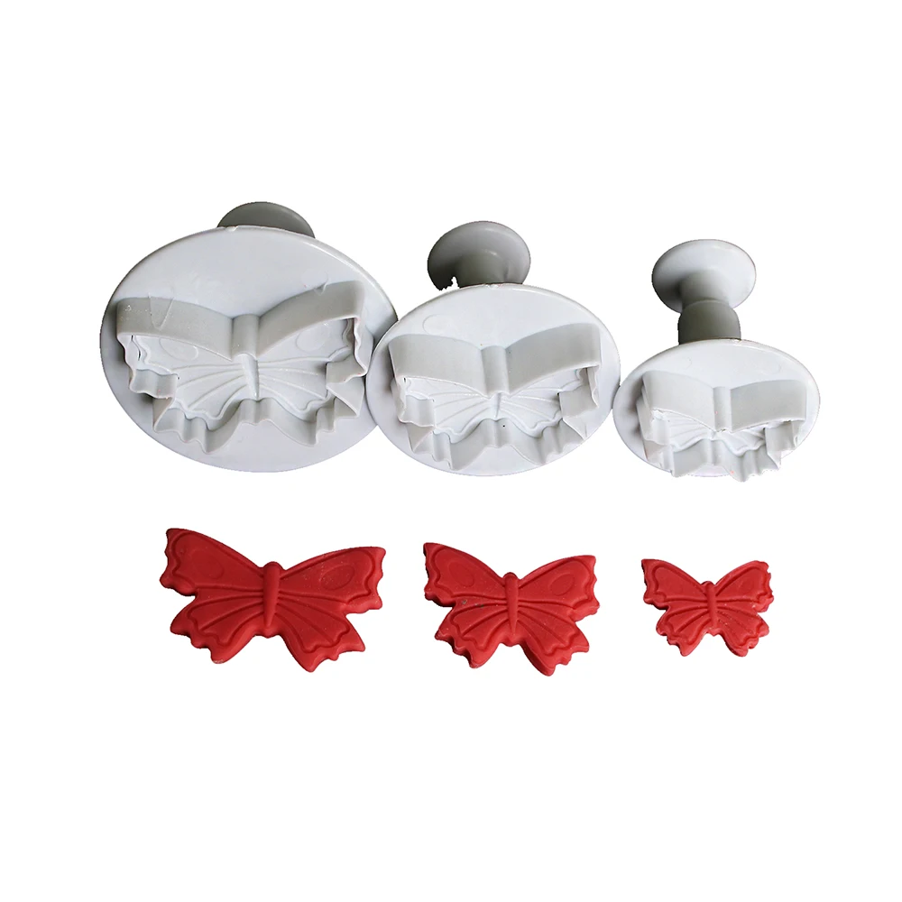 Yiwu bobao factory plastic novelty 3-piece cartoon butterfly shape biscuit pizza cake cookie spring press stamper plunger cutter