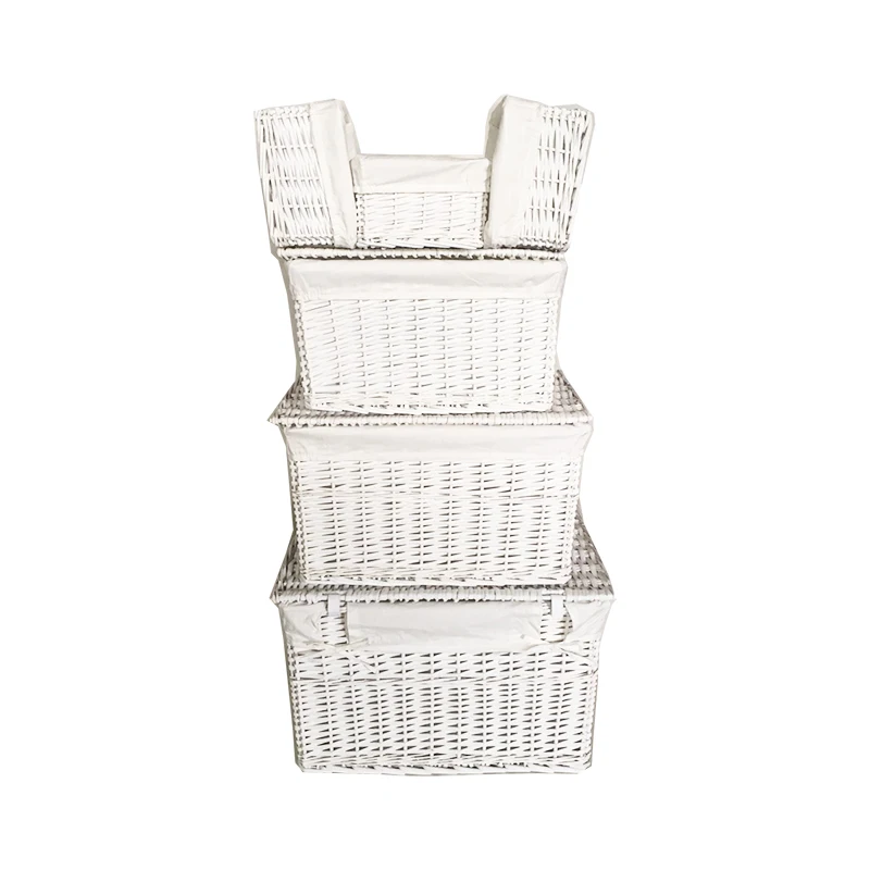 White Woven Willow Basket Laundry Basket With Lid Lining For Organizer Closet Set 5