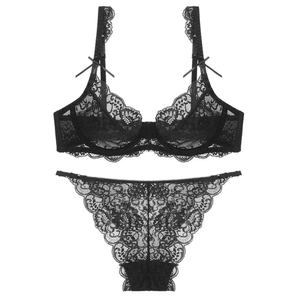 Lace Pattern Sexy Lingerie Ladies Silk Transparent Bra and Panty Set