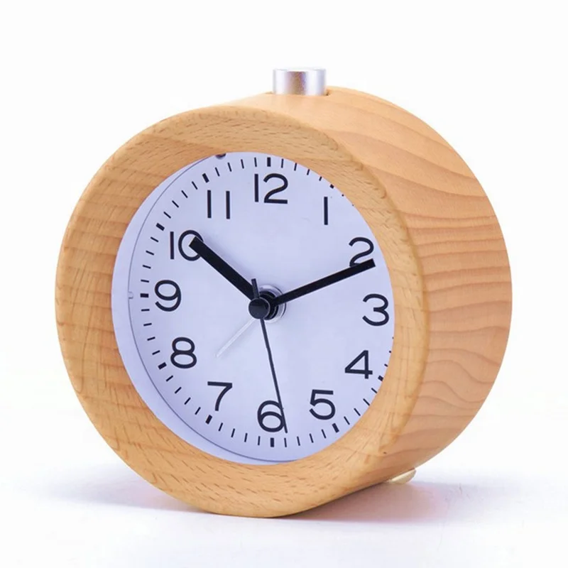 KH-WC022 Creative Small Round Classic Wood Silent Desk Travel Alarm Clock With Nightlight