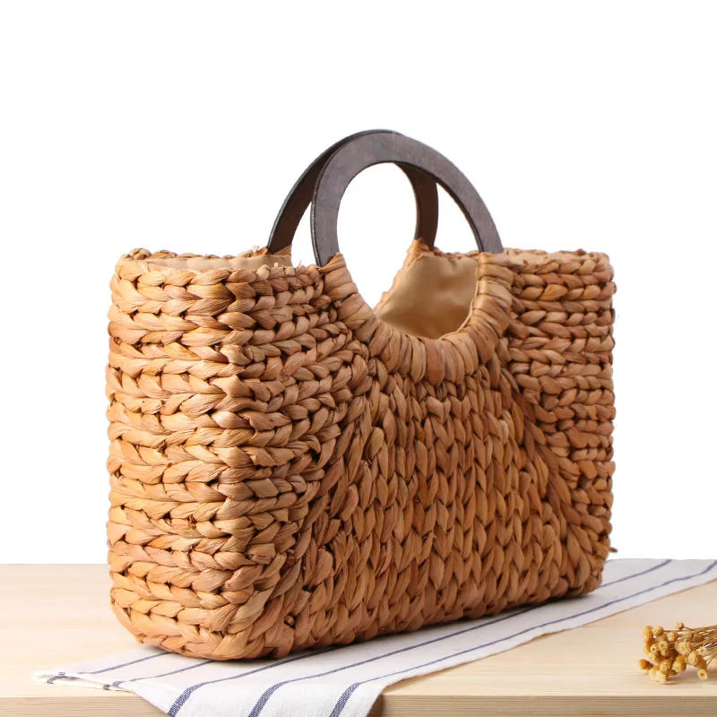 Summer bag Hand-woven bales corn woven hand-woven beach bag solid color large capacity woman handbag