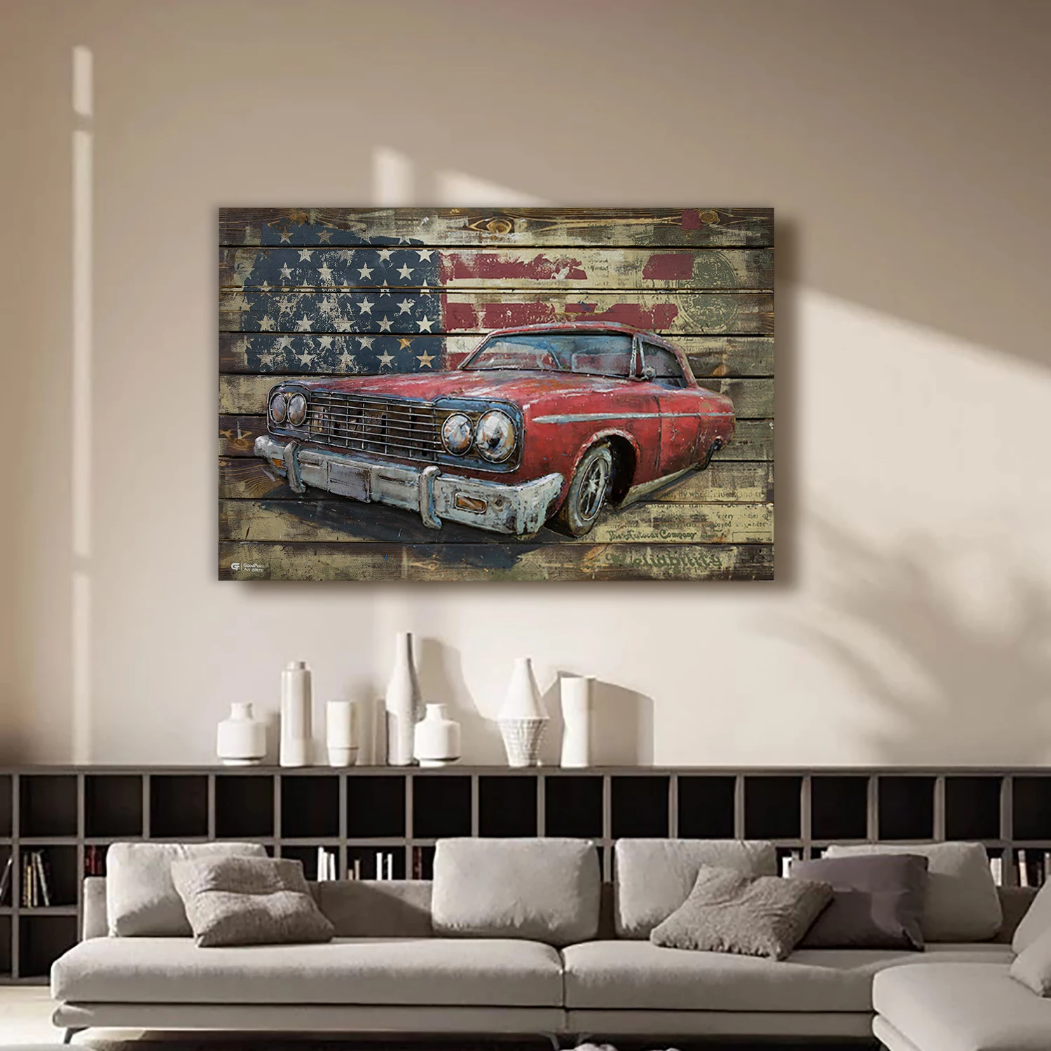 
Modern City Style Car Vintage Metal Art Carved Wooden Wall Decoration Painting 