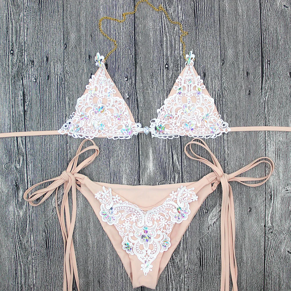 Custom New Sexy diamond lace flesh-colored boutique bikini Crystal Bikinis Luxury Halter Swimwear