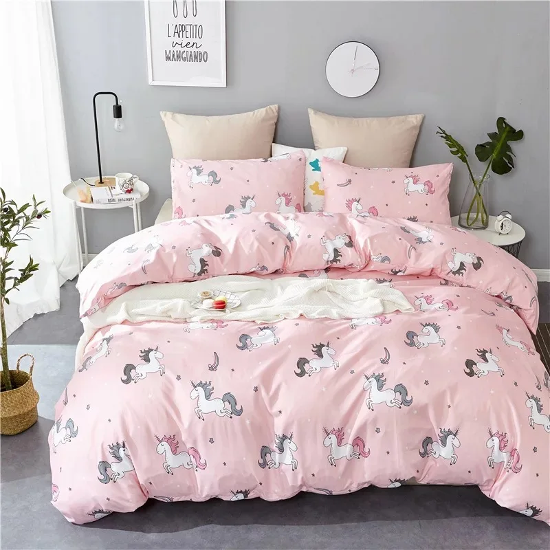 
High quality comfortable reactive printing 100% cotton 4pcs bedding set pink twin unicorn printed kids bed sheet set 
