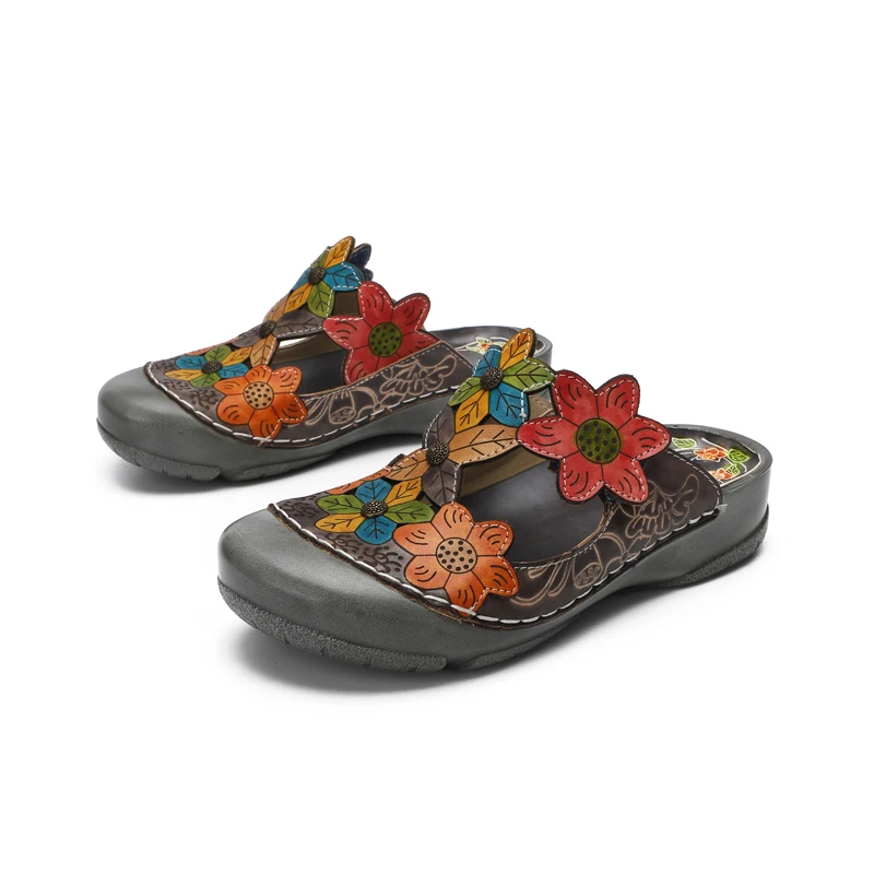 
Fashion floral flower pattern genuine leather comfortable flat casual shoes slipper sandal for woman lady girl spring autumn 