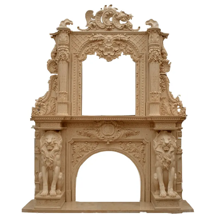 100% Hand Carved 2 Layers Marble Antique Lion Fireplace Mantel