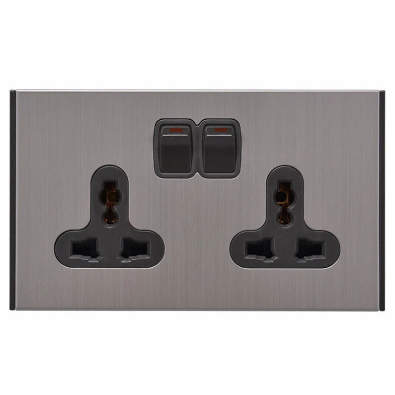 Double 3pin  black panel multi-fucntional universal wall switch socket
