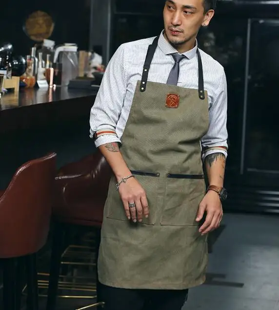 Bar apron custom army green canvas with leather apron barista florist craft work apron custom