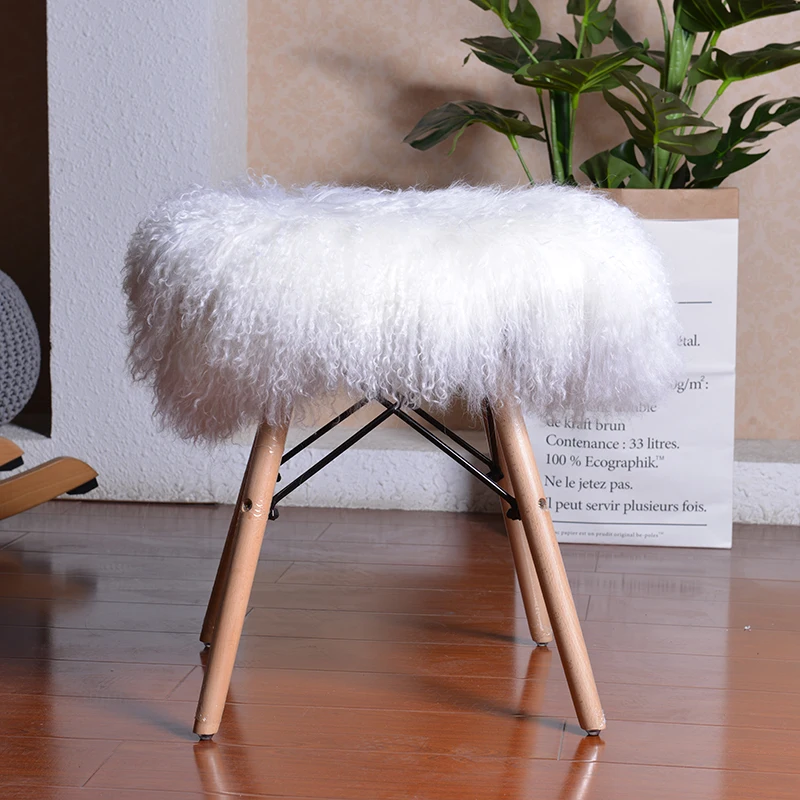 Hot-selling white Tibetan sheepskin wooden leg square stool