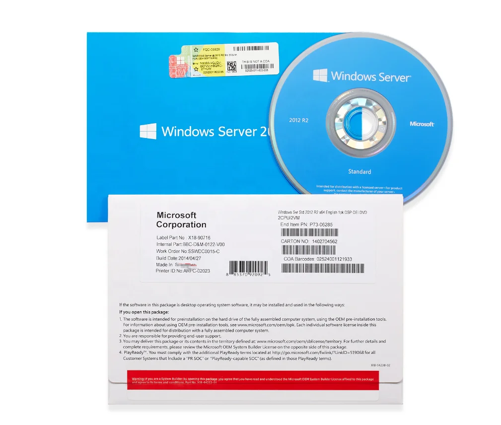 
Microsoft Windows Sever 2012 R2 Standard 64 bits DVD oem package Activation online 