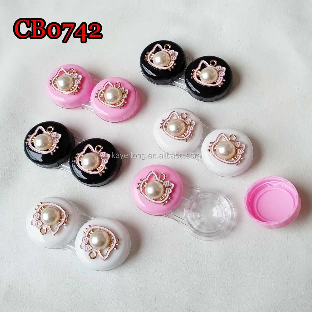 Чехол для контактных линз с жемчугом и котом, красочный маленький корпус dualbox CB0742