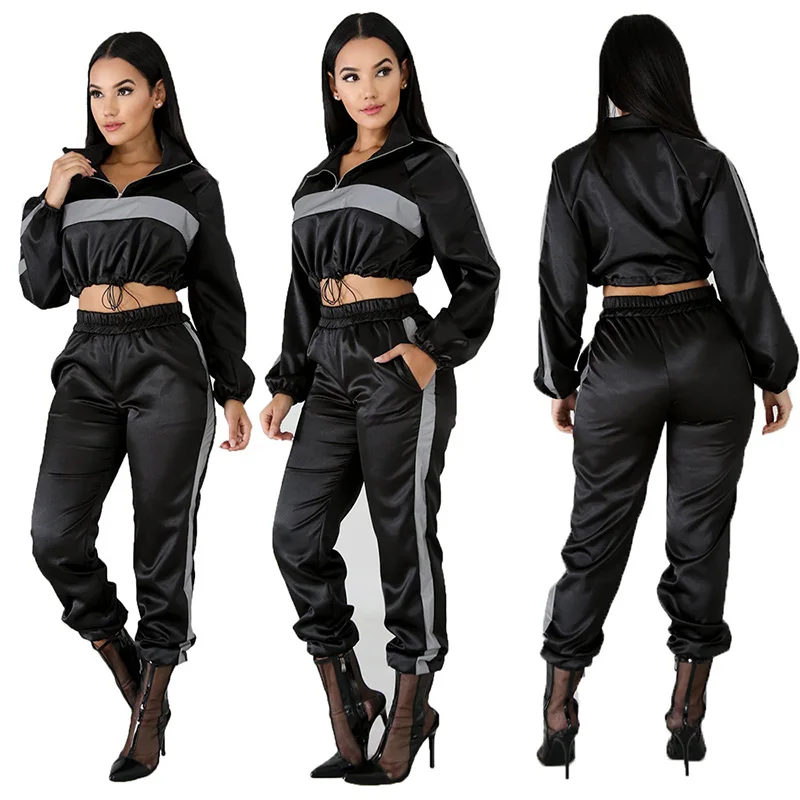 Long sleeve reflective patchwork two piece set outfit women crop windbreaker and cargo pants tracksuit