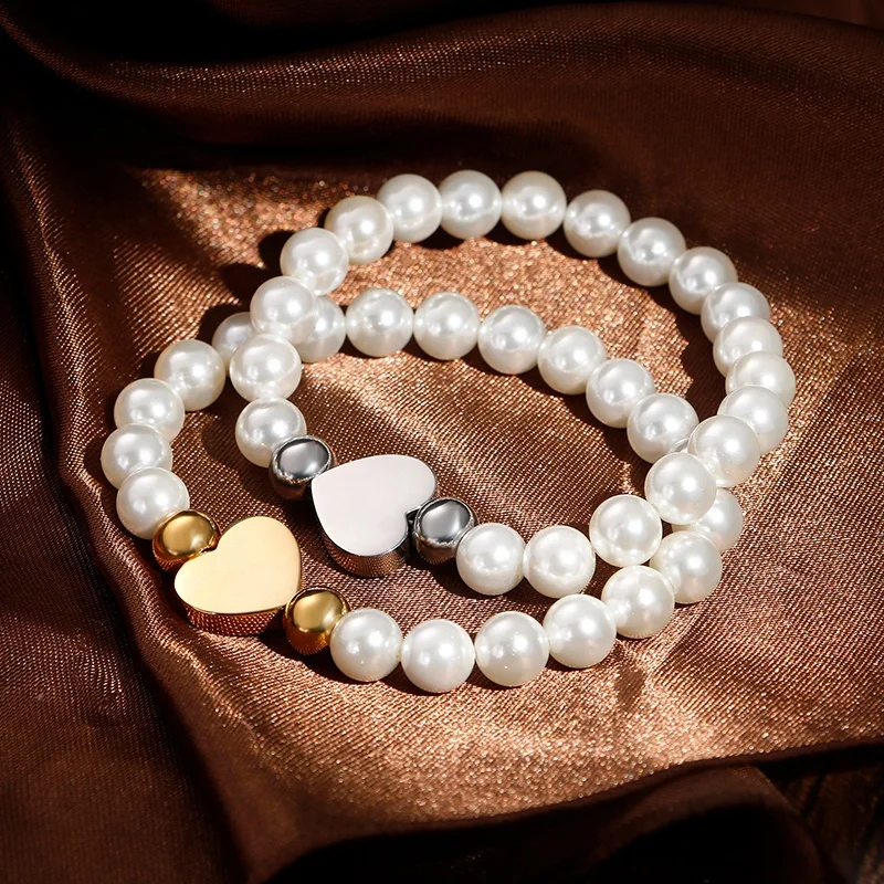 New Bulk Cheap Stainless Steel Gold Heart Charm Women Elastic 8mm Pearl Bracelet