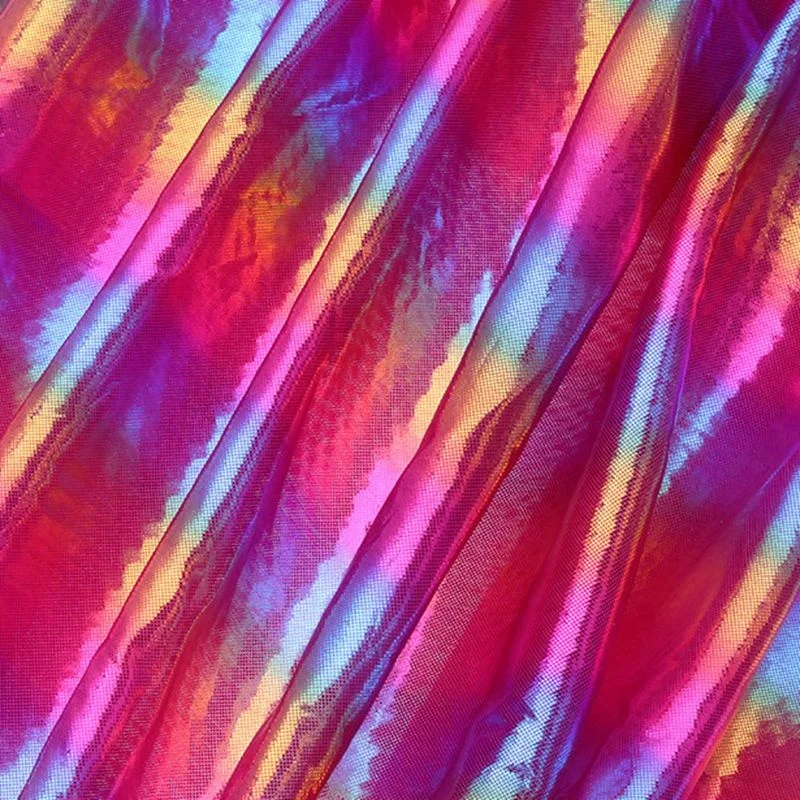
100% polyester rainbow holographic foil fabric hologram hot stamping foil fabric lycra print foil knit fabric 