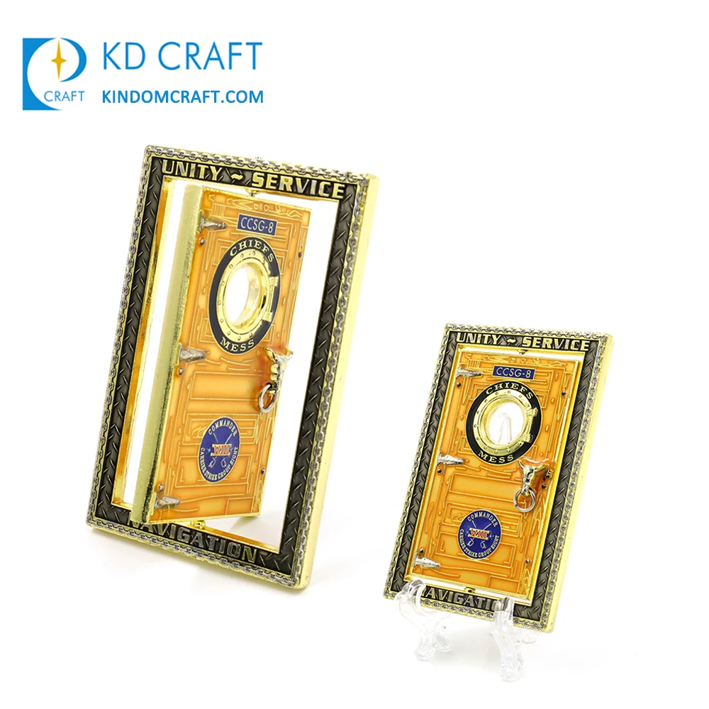 Unique design bulk custom logo metal door shaped gold plating enamel epoxy spinner spinning challenge coin