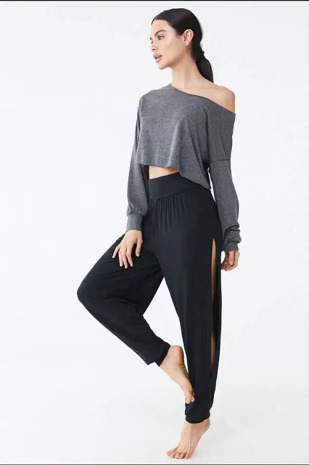 New Women Loose Athletic Split-leg Joggers Long Trousers Solid Casual Elastic Waist Cotton Pants Ankle Length Harem Pants