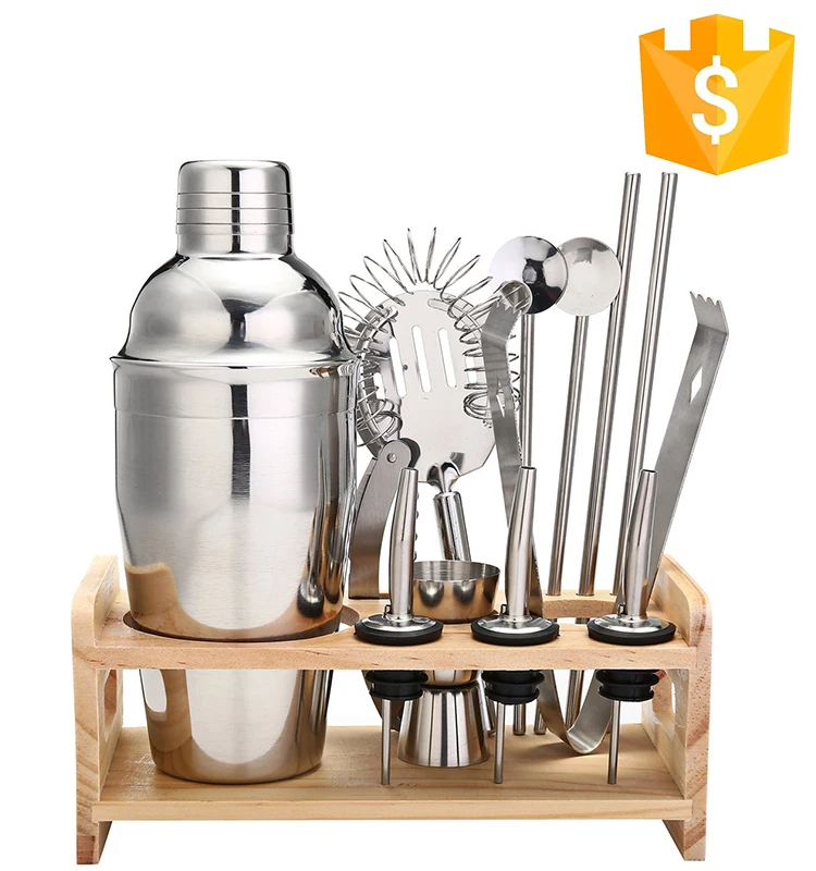 10-Piece  Bar Tool Set with Stylish Bamboo Stand Stainless Steel Martini Cocktail Shaker Set Bartender Kit