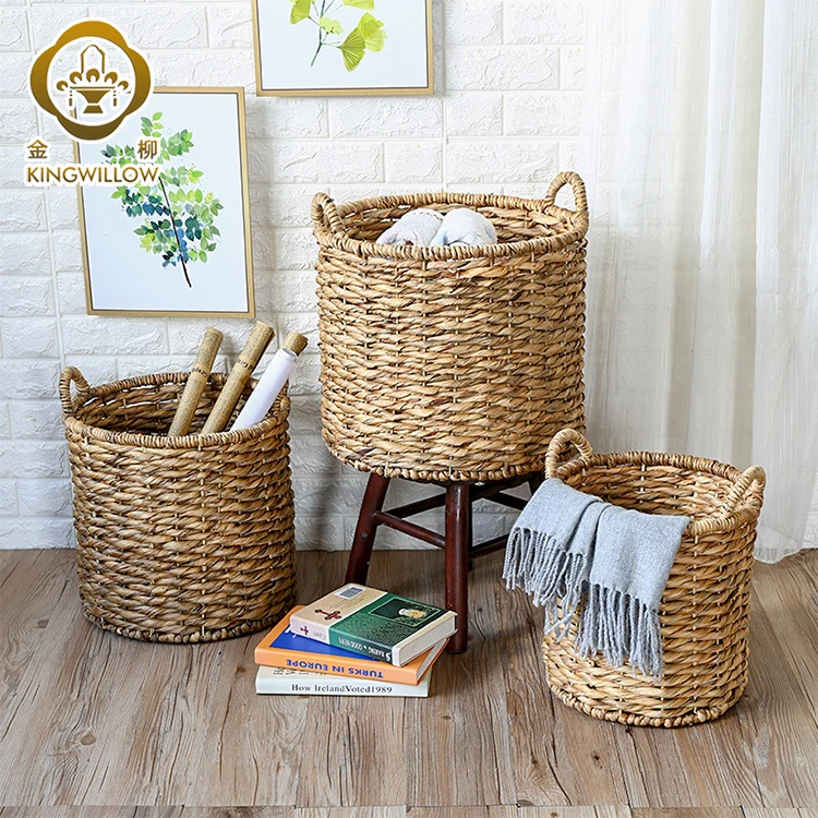 Handmade round water hyacinth grass laundry storage basket indoor planter basket with handle for home decor